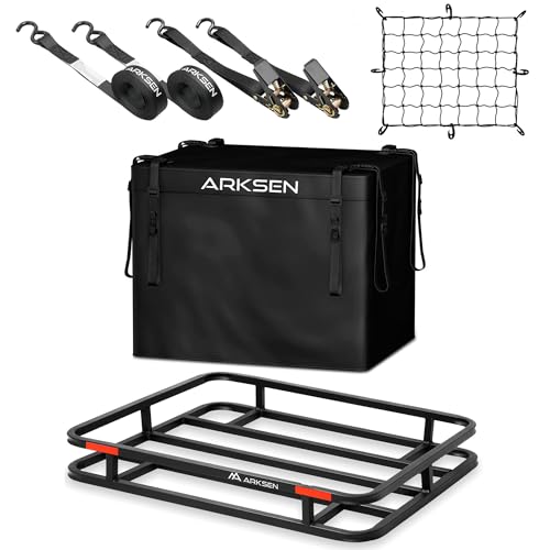 ARKSEN 32 x 26 x 4 Inch Heavy Duty Bumper Mounted Cargo Rack Carrier with 500D PVC Waterproof Cargo Bag, Nylon Net, Ratchet Straps,350 Lbs Capacity Lu