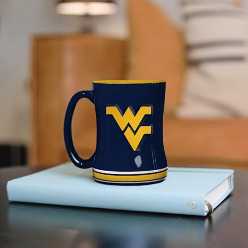 Image of Logo Brands NCAA West Virginia Mountaineers 14 oz Relief Coffee Mug - Officially Licensed Mug, Sculpted 3D Logo and Team Colors - Comfortable Handle and Glossy Finish for College Sports Fans