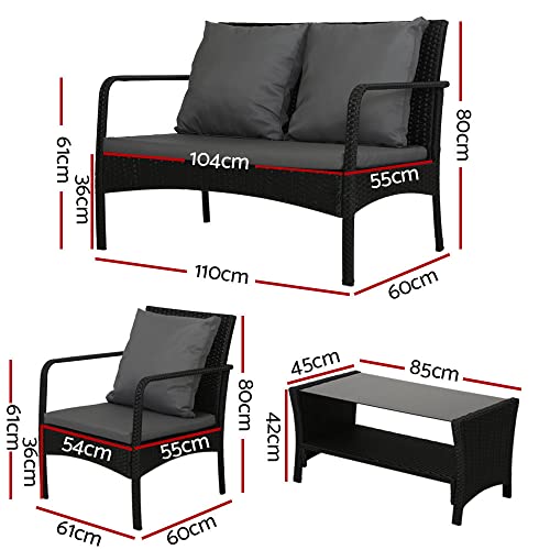 Gardeon Outdoor Lounge Setting Wicker Sofa Set Table and Chairs, Garden Furniture Patio Couch Deck Backyard Rattan, Cushion Weather-Resistant Black of 4 - Image 3