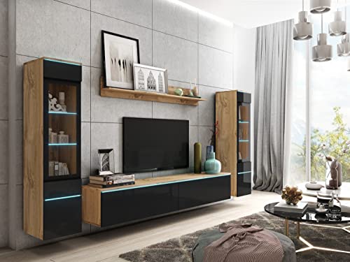 PIASKI Ensemble de meubles de salon Vera II, éclairage LED en option, ensemble de meubles de salon, différentes couleurs (Wotan/Noir brillant) avec éclairage LED VRB0002 Cover