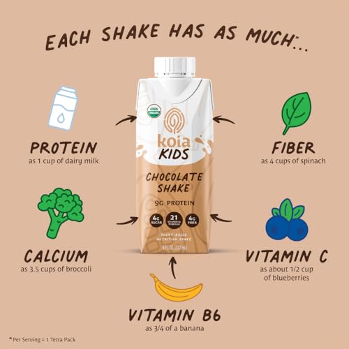 Koia - Kids Plant Based Protein Shake - Chocolate Shake - 9g Protein, 4g Sugar, 4g Fiber, 21 Vitamins & Minerals - Organic, Non GMO, No Seed Oils - Allergen & Gluten Free - 8 fl oz, 12 Cartons