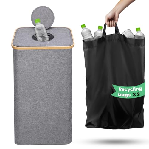 HassoKon Recycling Bin for Kitchen Home, Separate Recycling Waste Bags,100L Recyclable Waste Trash Sorting Organizer for Collecting Empties and Glass Waste,Deposit Bottles,Reusable Waterproof