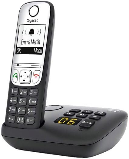 Gigaset A690 H handset on base, displaying an incoming call with 'Emma Martin' and a bell icon