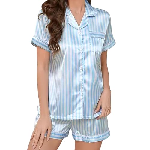 Pijama Verano Mujer Conjuntos con Botones Raso de Pijamas Transpirable Bolsillos Correa Espagueti Camisola Superior Pantalones Cortos Ropa Dormir