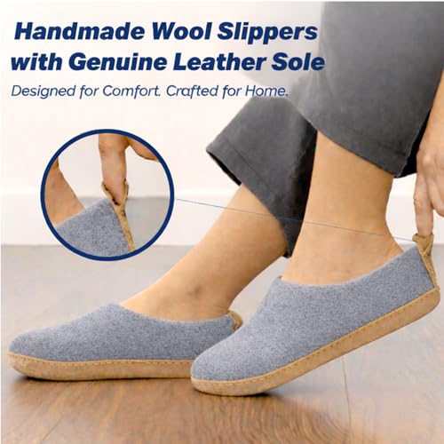 Image of Wool Indoor Slippers - Natural Organic Wool, Genuine Leather Sole, Handmade in Nepal - Cozy, Warm, Soft, Unisex Non-Slip House Shoes for Men & Women - Perfect for Winter Comfort