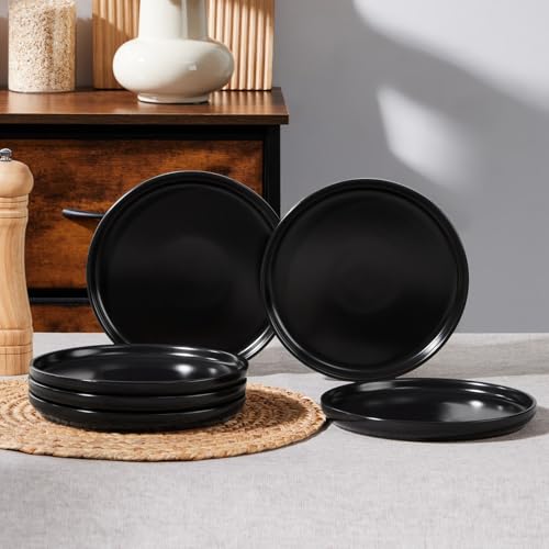 Image of E-far 8 inch Ceramic Salad Plates Set of 6, Stoneware Dishes Dessert Plate for Home Kitchen Restaurant, Microwave & Dishwasher Safe - Matte Black