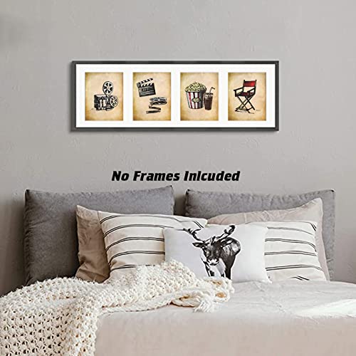 Vintage Movie Theater Wall Art, Home Theatre Feature Canvas Decor, Classic Film Reel Cinema Popcorn Posters, Retro Home Movie Theater Media Room Bar Pub House Decoration, Set Of 4-(8"X10" Unframed) #TOP5