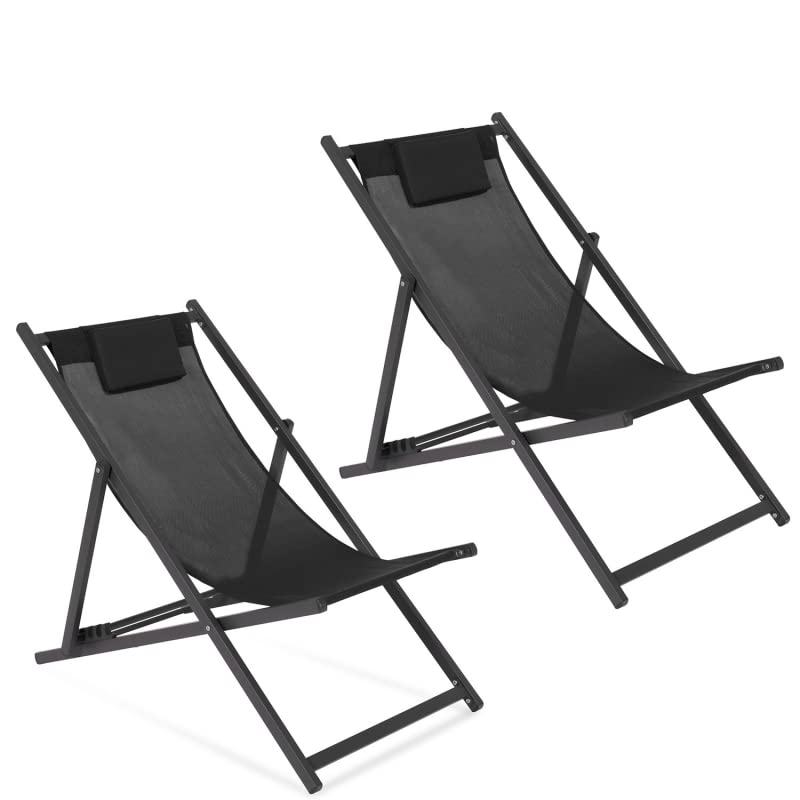 IDMarket - Lot de 2 chiliennes Lota en Acier et Toile textilène Noire