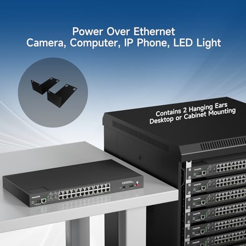 Image of 24 Port Industrial Gigabit PoE Switch Unmanaged, 24 x PoE+ @400w Ports & 4 x SFP Slots, Desktop or Rackmount, Working Range -40~185 ℉, IP40