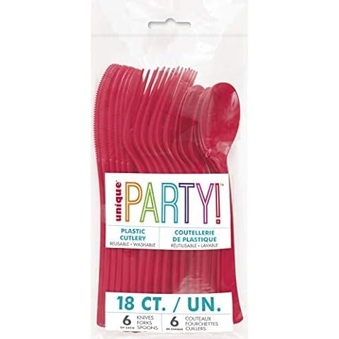Unique UK 39484 Assorted Plastic Reusable Cutlery Set 18 Pcs, Ruby Red, Pack of 18 Cover