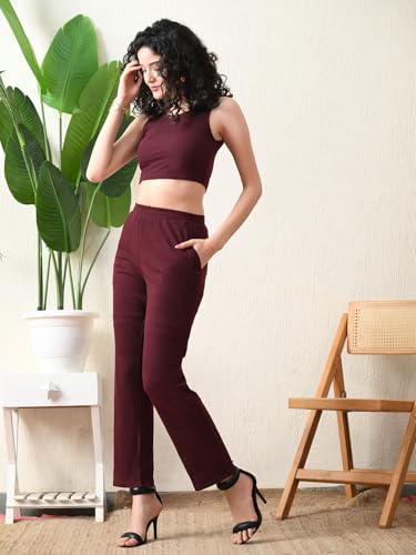 Image of Women's Maroon Ribbed Sleeveless Co-ord Set | Stylish Crop Top & High-Waist Pants