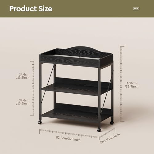 Image of Baby Changing Table, Diaper Station with Pad, 2-Tier Shelves, Mobile, Black