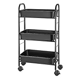 Simple Trending 3-Tier Metal Rolling Storage Cart, Utility Organizer Cart Storage Shelves with Plastic Basket on 2 Lockable Wheels for Kitchen Bathroom,Black