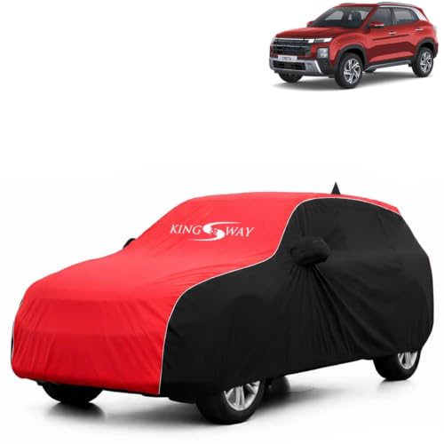 Image of KINGSWAY Super Waterproof Car Cover Only with Hyundai Creta (Year 2024 Onwards - All Model) | Mirror and Antenna Pockets | All Weather Car Body Cover with Silver Piping | Black Red