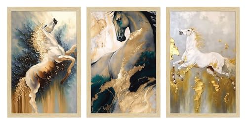 Image of ArtX Paper Modern Art Wall Painting For Living Room, Drawing Room Decoration Big Size, Horses Framed Painting for Wall Decoration, Wall Decor For Bedroom, Multicolor, 12.0 x 18.0 inches, Set Of 3