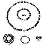 Pearl Romance ROUND Black Strand Pearl Necklace Bracelet Stud Earrings 3pc set 18 Inch Princess Leng