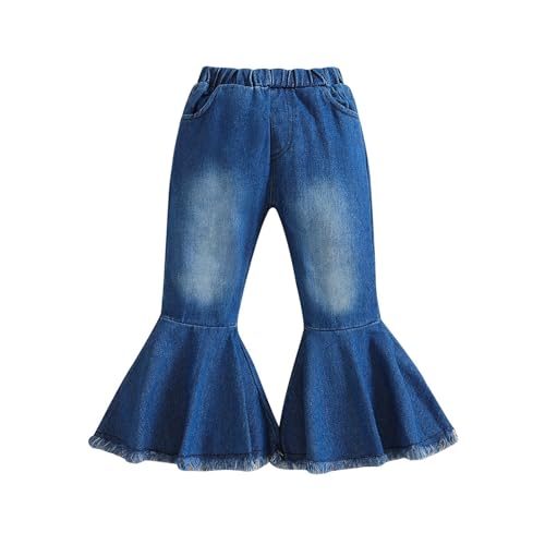 Kids Girls Bell Bottom Jeans Skinny Stretchy Elastic Waist Flared Jeans Solid Casual Denim Pants with Pocket