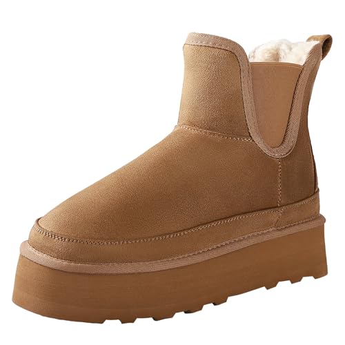 Ankis Platform Mini Boots Women, Classic Ultra Mini Ankle Chelsea Boots for Women Winter Warm Thick Fur Fuzzy Boots Lined Anti-Slip Lined Slip on Snow Boots Black Chestnut