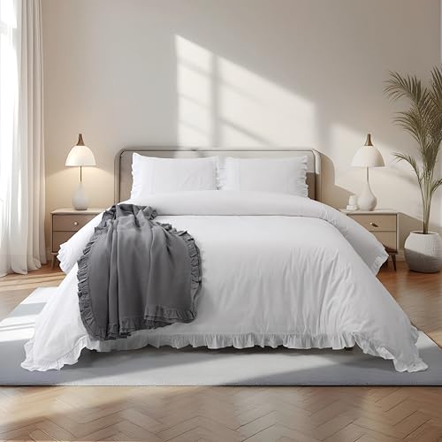 Casa da Laura - Funda Nórdica 558 con Volante Blanco - 100% Algodón - Cama 180 cm (260 x 240 cm 2 Cojines 50 x 90 cm) - - Liso - Fabricado Portugal