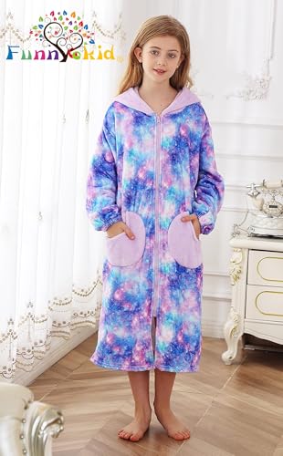 Funnycokid Girls Robe Kids Hooded Bathrobe Zip Fleece Fuzzy Soft Pajamas Plush Sleepwear 4-14 Years3