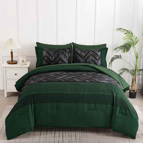 Luxudecor Emerald Green Comforter Set Queen Size, 7 Pieces Stripe ...