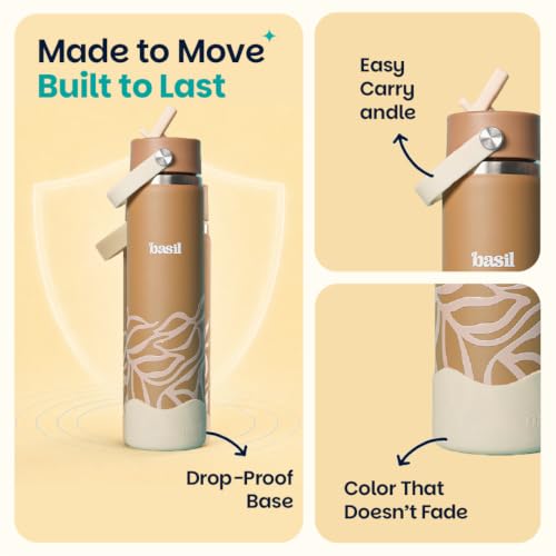 Image of Basil HydraFizz Stainless Steel Insulated Water Bottle for Kids & Adults | 800ml Leakproof Sipper Bottle with Carry Handle | Double Wall Vacuum Thermosteel Bottle for Home, Gym & Travel | Classic Dune