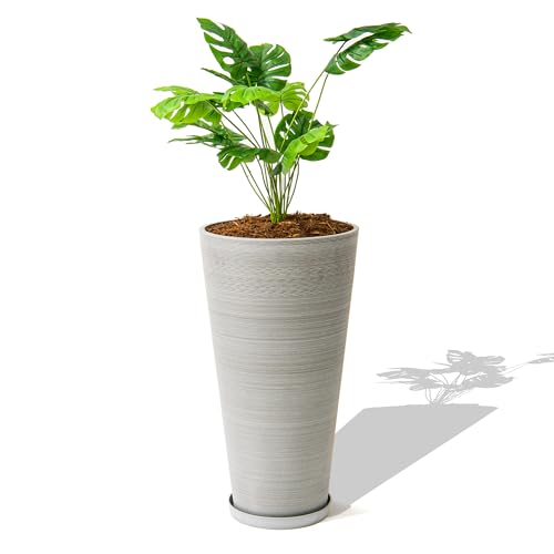 XBrand 28 in. Tall Round Tapered Planter for Indoor and Outdoor Patio Décor, Decorative Garden Flower Pot for Porch, Deck, Entryway and Backyard, Gray 1-Piece