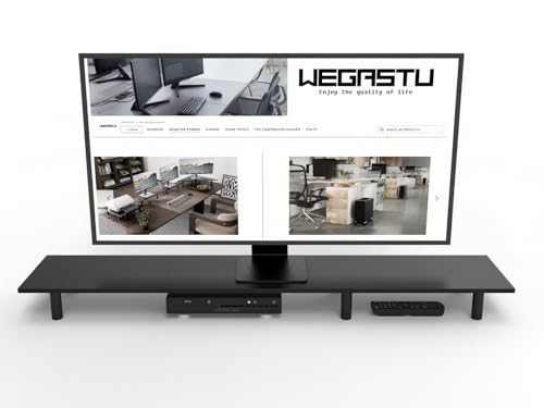 WEGASTU Large Dual Monitor Stand Riser 43.3IN, Home Office Storage For Desk Accessories,Solid Wod Desk With Adjustable Legs For computer/PC/Laptop/Printer/Container/dressing table (Black) by WEGASTU - Used condition - US$28.50