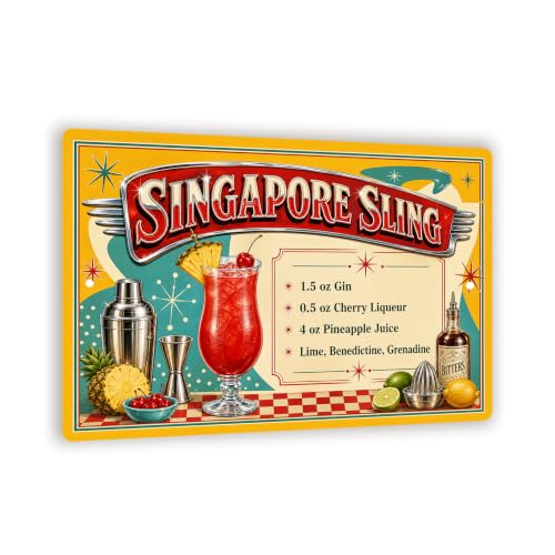 Singapore Sling Recipe Metal Sign - Retro Diner Bar Wall Decor - 8x12 Cocktail Art