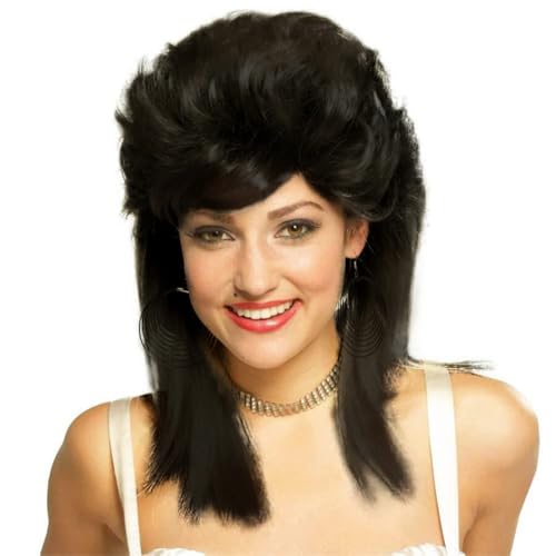 Image of Swiking Black Mullet Wigs for Women Curly Shoulder Length Fluffy Hair 70s 80s Rocker Party Cosplay Synthetic Wigs (Black)