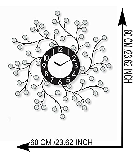 Image of CHRONIKLE Beautiful Round Diamond Studded Analog Floral Design Home /Office Decor Metal Crystal Wall Clock with Sweep Movement (Size: 60 x 5 x 60CM | Color: Black & Silver | Weight: 1030grm)