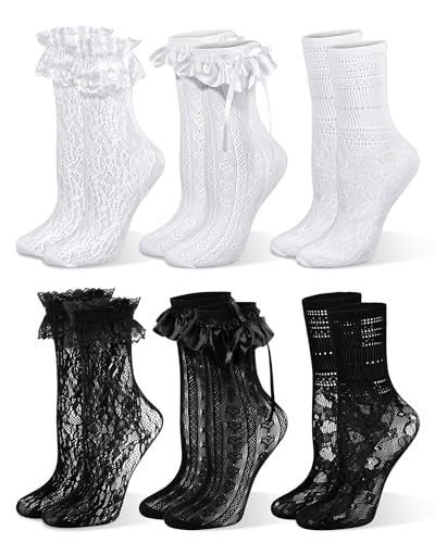 6 Pairs Lace Ruffle Socks for Women Girls, White Black Frilly Ankle Socks with Bow Lace Trim Lolita Casual Crew Socks