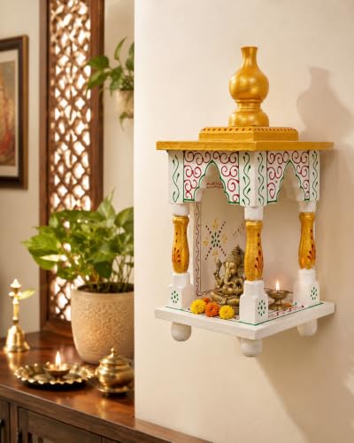 Image of Hindu Hand Crafted Wooden Puja Mandir with Drawer | Religious Home Decor Temple | Wood Art & Craft Mini Home Office Pooja Mandir White & Golden Finish