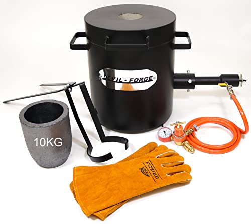 Devil-Forge Gas Metal Melting Furnace Fb2M Full Kit - 10Kg, Crucible Tongs Heat Resistant Gloves, 1 Dfc Burner (180.000 Btu) Metalsmiths Refiners 2642°F/ 1450°C Brass Copper Bronze Silver Etc. Premium #TOP1