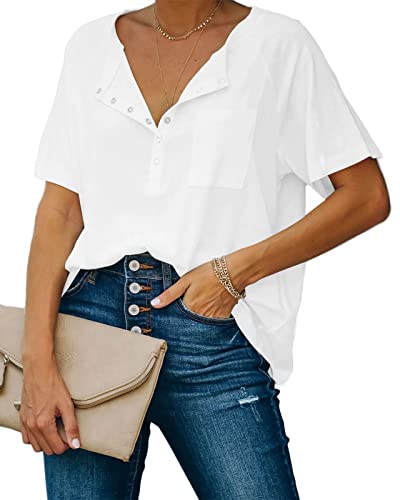 Eurivicy Women's Short Sleeve Henley Tee Half Snap Button Down V Neck T Shirts Tops With Pocket #TOP10