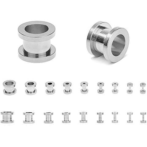 CABBE KALLO 18PCS Ear Gauging Kit Stainless Steel Screw Fit 14G-00G Rainbow Plugs Set Double Flared Tunnels Gauges Expander - Ideal Gage Starter Kit with Goldtone, Silvertone & More Stretching Gauges for Ears & Expansores de Oreja para Hombre (Silvertone) Cover