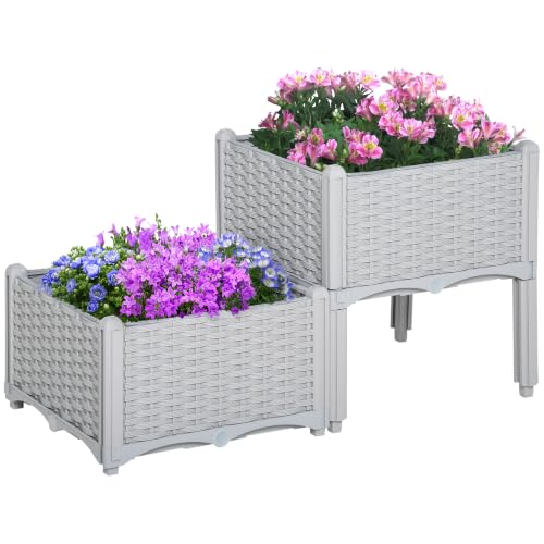 Image of Outsunny Set of 2 26L Garden Raised Bed Elevated Patio Planter Box, Grey