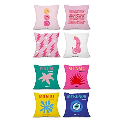 heilkee Preppy Throw Pillow Covers Set of 4 Travel Colorful Cushion Case Square Decorative Soft Pillowcase for Teens Girls Bedroom College Dorm Sofa,18x18 Inches Cover