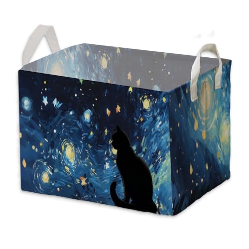 Image of Starry Night Black Cat Toy Basket, Closet Shelf Organizer Baskets for Nursery Decor, Bathroom, Bedroom, Home Decor Gift Basket Large Squarecanvas Laundry Hamper With a Waterproof PE Coating, Foldable