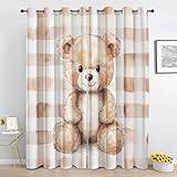 Chrysahr Brown Teddy Bear Curtains for Nursery Bedroom 84 Inch Length 2 Panels, Watercolor Stripes Kids Blackout Curtains, Thermal Insulated Grommet Window Curtain for Living Room Drapes