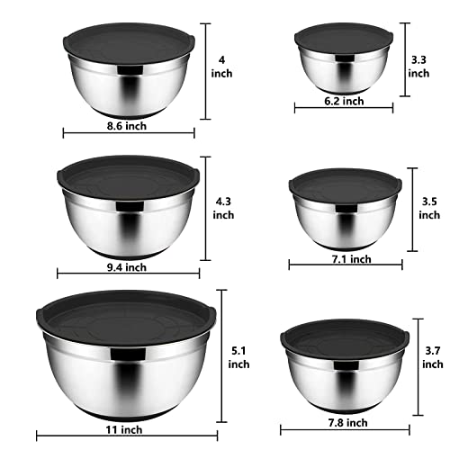 Menbyci 6 Pcs Mixing Bowls with Lids,Stainless Steel Mixing Bowls,Black Non-Slip Bottoms,Including Kitchen Utensils,Mixing Bowl Set for Kitchen Mixing Baking Prepping Cooking Serving