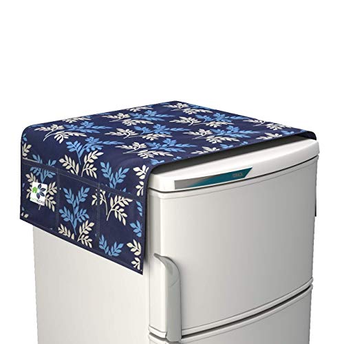 Image of Designer Blue Leaf Fridge Top Cover with 6 Pockets (21 X 39 Inches)