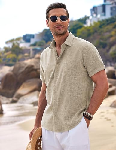 Image of COOFANDY Men's Linen Shirts Short Sleeve Casual Shirts Button Down Shirt for Men Beach Summer Wedding Shirt