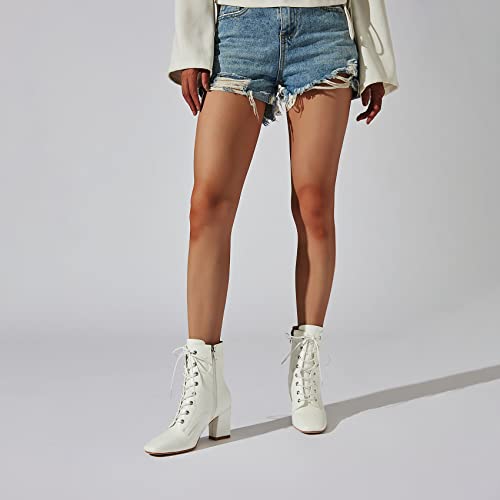 SEIFIN Women's Square Toe Chunky Heels Ankle Boots Block High Heeled Lace Up Short Booties Shoes4