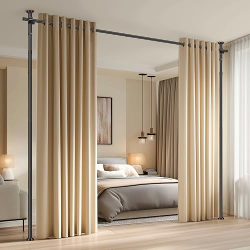 JILRON Trennwand Raumteiler Spannsystem ohne Bohren, Verstellbarer Vorhangstange ohne Bohren (H110-300×B89-254cm) Für Mietwohnung, Homeoffice, Balkon, Schwarz