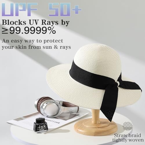 Image of Beach Sun Straw Hats for Women, UPF 50+ UV Sun Protection Wide Brim Summer Straw Hat Foldable Packable Roll up Cap