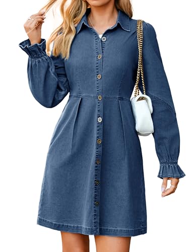 Simplee Womens Denim Dress Long Sleeve 2025 Fall Western Outfit Babydoll Button Down Mini Jean Dresses Trendy with Pockets