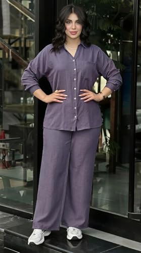 Image of Women's Solid Color Two-Piece Set | Long Sleeve Top & Wide Leg Pants Co-ord Set | Casual Wear Co ord Set
