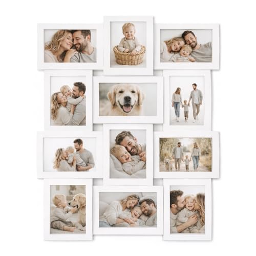 PALUPLUS Cornice multifoto per 12 fotografie di colore Bianco, Misura 63x48 cm, Portafoto da parete Collage, Formato foto 10x15 cm, per cucina, salotto, camera da letto -8725F -2,8