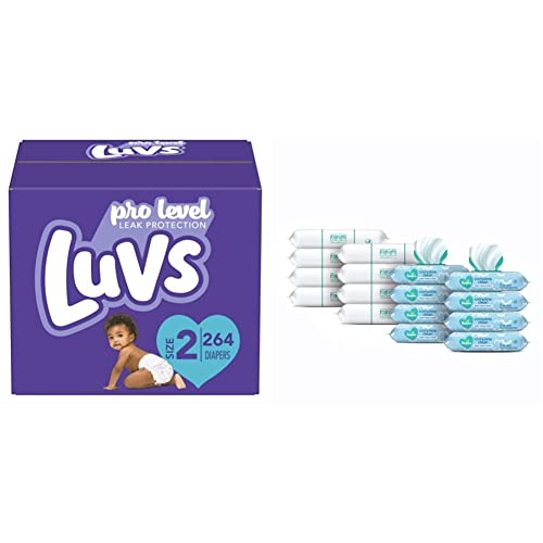 Image of Luvs Pro Level Leak Protection Diapers Size 2 (2 X 264 Count) & Pampers Complete Clean Scented Baby Diaper Wipes, 8X Pop-Top Packs and 8 Refill Packs for Dispenser Tub, 1152 Total Wipes